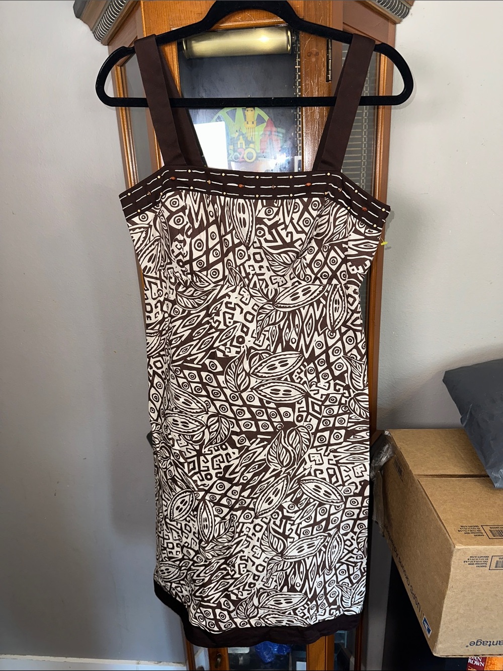 Brown and Cream Printed Beaded Midi Dress with Wide Straps